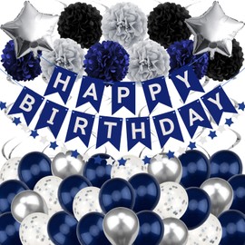 Recosis Birthday Decorations for Men, Black and Navy Blue Party Decorations Happy Birthday Decorations with Banner for Men Boy 30th 35th 40th 50th 60th 70th Anniversary Birthday Decor