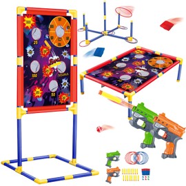Outdoor Shooting & Cornhole & Ring Toss Games Set for Kids – 3-in-1 Carnival Game Set Target with Bean Bags Blasters Rings Balls, Garden Indoor Outdoor Toys for Boys Girs Ages 5 6 7 8 9 10+ Ideal Gift