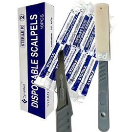 CYNAMED USA Disposable Scalpels with #15 High-Carbon Steel Blades, Plastic Handle, Sterile, Individually Foil Wrapped, Box of 10 pcs