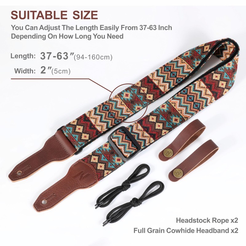 Nefelibata Banjo Strap, 2"Wide Full Grain Cowhide Guitar Strap Adjustable