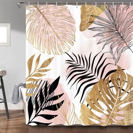 Torich Mid Century Abstract Shower Curtain for Bathroom, Pink Palm Leaves Botanica Abstract Modern Decor Bath Curtains, Gold Geometric Minimalist 69Wx72H Inches Bath Accessories with 12 Hooks