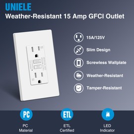 UNIELE 6 Pack Super Slim 15 Amp WR GFCI Outlet, Weather-Resistant, Outdoor 15A GFI Receptacle with LED Indicator, Ground Fault Circuit Interrupter, Screwless Wallplate Included, ETL Listed, White