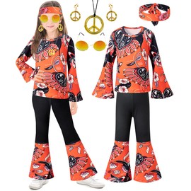 IWALUE 60s 70s Outfits Hippie Kid Girls Costume Set Disco Boho Flared Pants Accessories Set（Red,5-6 Years）
