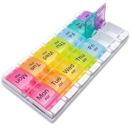 Weekly Pill Boxes 7 Day 2 Times a Day Monday - Sunday, AM PM, Easy to Open, Pill Organiser 2 Times a Day | 7 Day 2 Compartments Day and Night with Push Buttons, Weekly Pill Organiser - Large