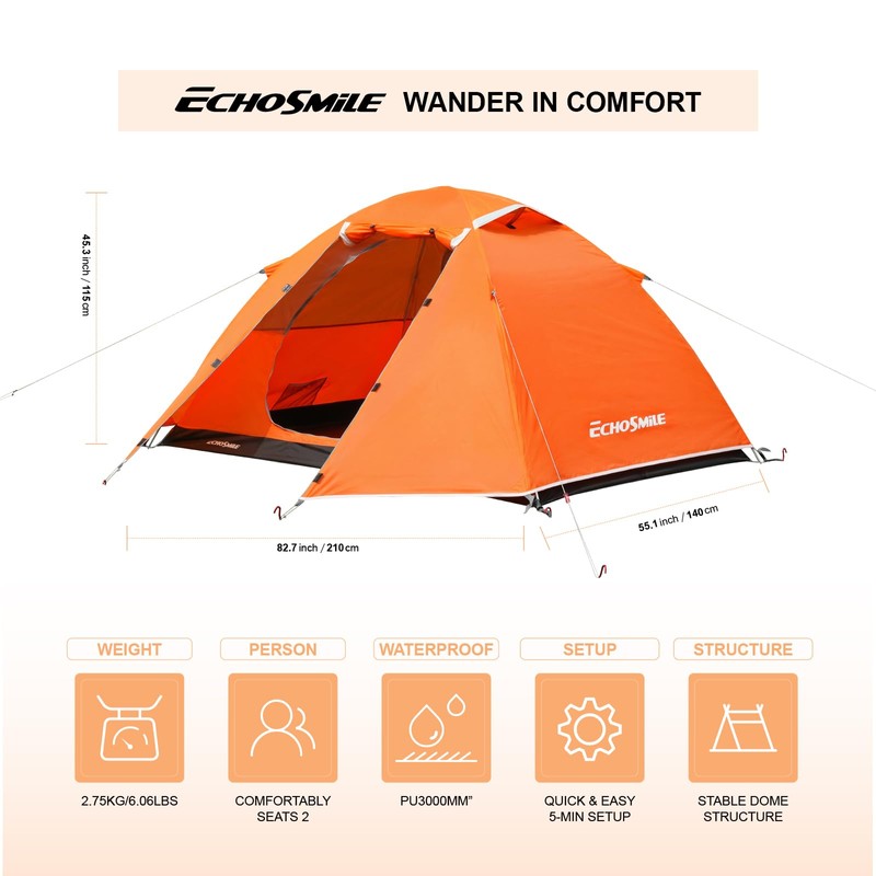 EchoSmile Lightweight Backpacking 2 Person Tent Waterproof Camping Tent