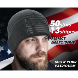senmomx American Flag Fleece Watch Cap, Winter Warm Fleece Beanie, USA Army Military Tactical Beanie Hat 2 Pack, One Size, Black+Grey