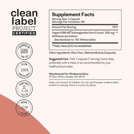 Wholesome Story Vegan KSM 66 Ashwagandha Capsules| High Potency 5% Withanolides | Ashwagandha Root Extract Supplements | Ashwagandha 300mg | Stress Management & Well Being Support | 60 Ashwaganda Pills