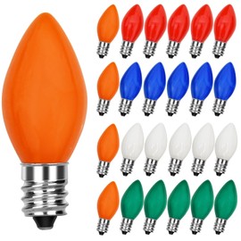 25 Pack C7 Christmas Replacement Bulbs, Multicolor Christmas Bulbs Vintage Ceramic Lights for Indoor Outdoor Patio Christmas Party String Lights, 5W Incandescent Night Lights, C7/E12 Candelabra Base