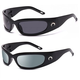 PEGH Wrap Around Sunglasses Y2K Trendy, Fashion Black Sporty Sun Glasses Moon Décor Shades (2 Pack : Black +Silver Mirror Lens)
