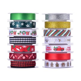 Kingovalley 15 Rolls Christmas Ribbons,Holiday Printed Satin Grosgrain Organza Ribbons Metallic Glitter Fabric Ribbons for Xmas Gift Wrapping DIY Craft Winter Season Festival Decor(0.4" Wide,75 Yards)