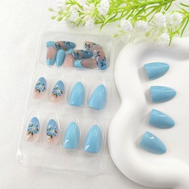 Short Almond Press on Nails Blue Fake Nails French Tip Flower Design Gradient False Nails Glossy Full Cover Acrylic Glue on Nails Short Almond Nails Press ons for Girls 24Pcs