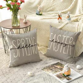 AVOIN colorlife Happy Easter Buffalo Plaid Rabbit Gray Throw Pillow Cover, 20 x 20 Inch Eucalyptus Leaves Hello Spring Cushion Case Decoration for Sofa Couch Set of 4