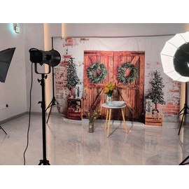 Aurolisa 10x6.6ft Christmas Photo Backdrop, White Brick Wall and Rustic Barn Door Photography Backdrops, Kids Family Portrait Backdrops for Photoshoot, Xmas Tree Backgrounds Booth Photoshoot