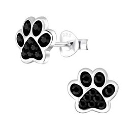 Paw Print Earrings 925 Sterling Silver with Black Crystal Stones