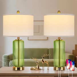 Table Lamps Set of 2 with Touch Control, 3-Way Dimmable Nightstand Lamp with Vertical grained glass, 27" Modern Glass Bedside Lamps with USB A+C Ports, Green Bedside Table Lamps, Desk Lamp for Bedroom