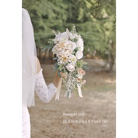 Ansofi Cascading Bouquets for Bride Beige Rose Artificial Bridal Bouquet for Boho Rustic Wedding Ceremony Anniversary