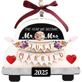 Just Married Car Decoration, Wedding Gifts for Bride and Groom, Wooden Wedding Day Gifts, Newlyweds Wooden Marry Plaque Ornament for Couple