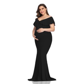 Mommy Jennie Long Maternity Dress for Photoshoot Stretchy Pregnancy Ruffle Maxi Photography Dress for Baby Shower,Black,L