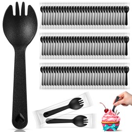 Tioncy 100 Pcs Disposable Plastic Sporks Individually Wrapped Disposable Sporks 4.5'' x 1.26'' 2 in 1 Fork and Spoon Set Serving Utensils for Dessert Restaurant Party Supply(Black)