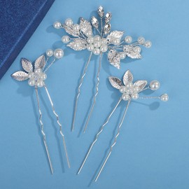 Wekicici Flower Wedding Hair Pins Bridal Crystal Pearl Hair Pins Gold Silver Leaf Headpiece for Bride Rhinestone Hair Piece Hair Accessories for Women (Silver)