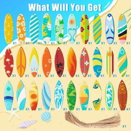 Haooryx Summer Surfboard Surfing Hanging Wooden Ornaments Decorations - 31Pcs Surf Board Shaped Beach Signs Wood Ornament with String for Home Summer Hawaiian Beach Luau Tropical Party Favors Supplies