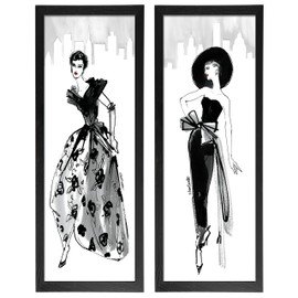 Trendy 50'S Fashion Model Sketch Panel Sets by Anne Tavoletti; Two black framed 6x18in Prints; Ready to hang!