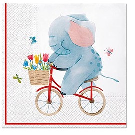 20 Napkins Elephant on Bicycle | Children | Animals | Funny | Birthday | Party | Children's Motif | Girl | Boy | Table Decoration 33 x 33 cm