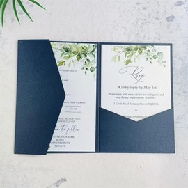 Navy Blue Wedding Invitation Card Pocket Envelopes Sturdy Shimmer Invite Cover Folder 20 sets (navy blue)