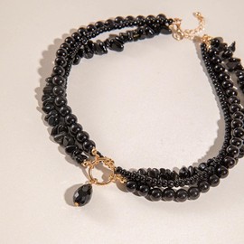 Missgrace Women Boho Punk Vintage Black Shiny Layered Beads Choker Necklace for Women Chunky Short Multilayer Necklace Black Chain Necklace