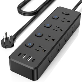 FANDBO 12 en 1 Multicontacto Regleta Extension Electrica con Protector Supresor de Picos de Voltaje, 1.5M, con 8 Salidas CA y 4 Puertos USB, Sleek Soc