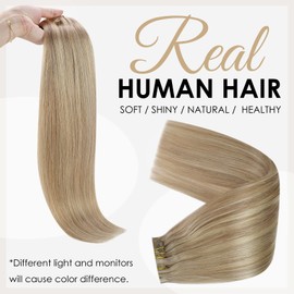 Full Shine Seamless Clip in Hair Extensions Blonde Highlights 12 Inch Human Hair Clip in Extensions Straight Hair Color 16P22 Soft Hair Blonde Clip in Hair Extensions Full Head 8 Pcs 80 Gram