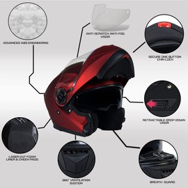 Milwaukee Helmets MPH9817DOT Breeze Red Advanced Motorcycle Modular Helmet Biker w/Drop Down Visor - X-Small