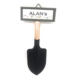 "Welcome to Alan's garden" hanging shovel sign