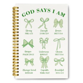 THDSE Coquette Green Bows Spiral Bible Notebook,Aesthetic Composition Notebook, God Says I Am Christian Scripture Prayer Journal for Women, Hardcover Sprial Lined Notebook 5.5 x 8.3 (Green)