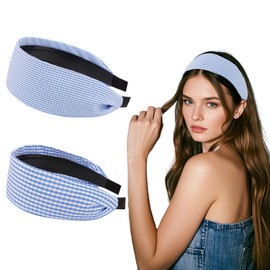 KIUEZIR 2 Packs Extra Wide Tartan Print Headbands - Blue Soft Fabric Hairbands with Non-Slip Inner Teeth, Chic Hair Accessories for Women Everyday/Casual/Party Hairstyles & Durable Stretch Design
