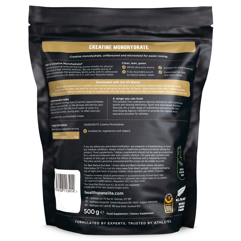 Healthspan Elite All Blacks Creatine Monohydrate (500g) | Increase Physical