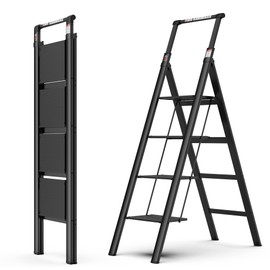 Heemab Folding 4 Step Ladder with Retractable Handgrip and -Slip Wide Pedals, Aluminum Construction, Black