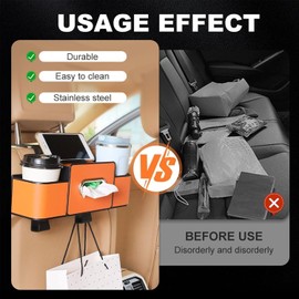 Caja de almacenamiento para el respaldo del asiento con portavasos grande, organizador 3 en 1 para el asiento trasero del coche con ganchos y portapañuelos, organizador universal coche (Negro)