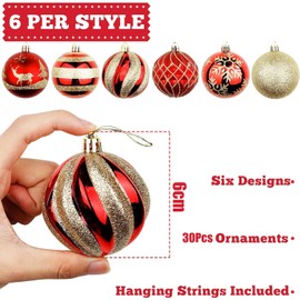 LATERN 30Pcs Christmas Baubles, 6CM Red and Gold Christmas Ball Ornaments Shatterproof Christmas Hanging Balls Sets for Christmas Tree Holidays Home Xmas Party Decoration (6 Styles)