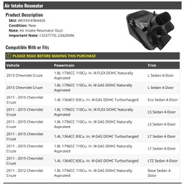 Marketplace Auto Parts Air Intake Resonator Duct - Compatible with 2011-2015 Chevy Cruze