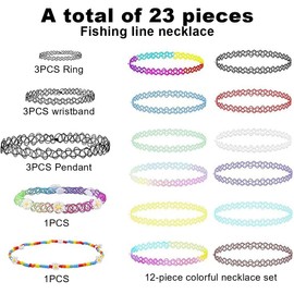 Aililong Tattoo Necklace Set with 23 Pieces Gothic Choker, Bracelets and Rings - 90s Accessories for Women and Girls
