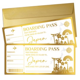 2 Set Japan Boarding Pass with Gold Envelopes, 3'' x 8'' Surprise Holiday Golden Ticket, Vacation Ticket Gift, Surprise Gift Idea for Birthday Christmas Anniversary Valentine's, Party Supply-A19