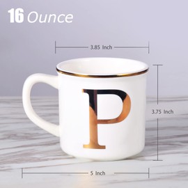 Miicol - Taza de café de cerámica de 16 onzas, taza de café con monograma, taza de té con inicial dorada, taza de té personalizada, regalo único, taza grande para el hogar, oficina, letra P