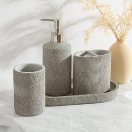 Tahari Home - Bathroom Set, Resin Countertop Accessories, Includes Toothbrush Holder, Tumbler, Vanity Tray & Lotion Pump, Textured Design (Astor Light Grey, 4-Piece)
