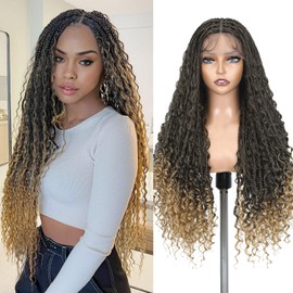 Lady Miranda Braided Wigs for Black Women Lace Front Knotless Boho Box Braided Wig with Curly Ends Full Lace Frontal Square Knotless Goddess Bohemian Box Braided Wigs with Baby Hair