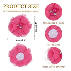 PATIKIL 2 Inch Chiffon Flowers, 30 Pcs Rhinestone Pearl Sewing Fabric Flowers Artificial Appliques Embellishments for Clothing Wedding DIY Craft Headbands Decor, Rose Red