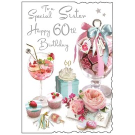 Sister 60th Birthday Card - Age 60 - Special Sister - Sweet Jar and Cocktail Design - Special Finishes and Illustrated Insert Leaf - Made in the UK