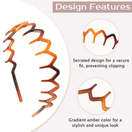 Zoolinn 2pcs Zig-Zag Shark Tooth Plastic Hair Combs Headbands - Black & Gradient Amber for Women and Girls, Durable & Stylish Hair Accessories