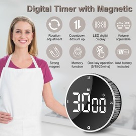 Digital Kitchen Timer with Large LED Display, Countdown & Countup Timer for Cooking, 3 Adjustable Volume and 2 Brightness Models Back Magnetic, Rotating Timer for Classroom, Fitness. (Silver)