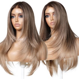 ENCOUNTERU HD Lace Frontal 13x6 Brown Ombre Synthetic Wig with Bangs Pre Plucked Pre Cut Lace Glueless Wig Wear and Go Straight Layered Wigs 24 Inch Chic and Realistic
